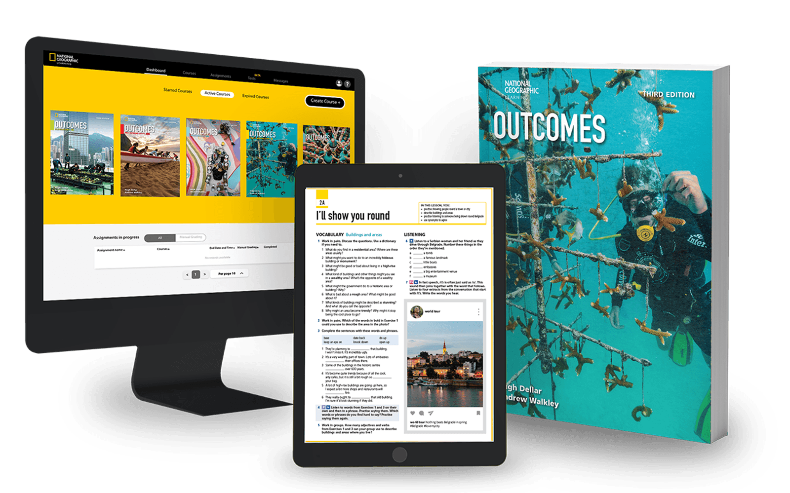 Outcomes (Third Edition) – online Classroom Presentation tool 1 Adult Program Outcomes collage with Book and Spark platform in devices
